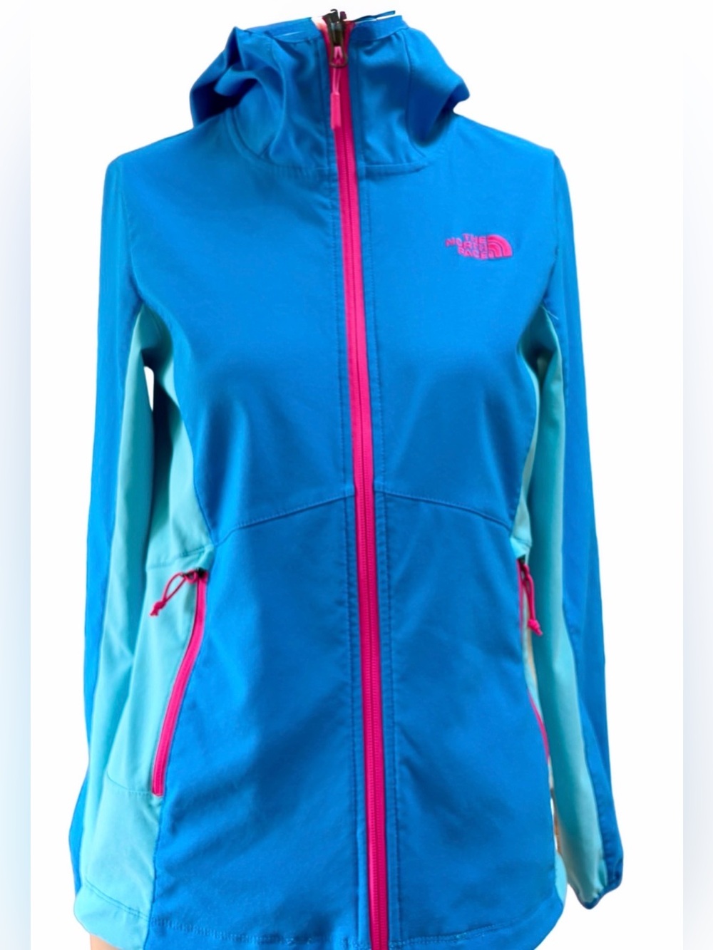 The North Face Apex Soft Shell Hooded Jacket Blue Pink Fleece Lined Pockets S